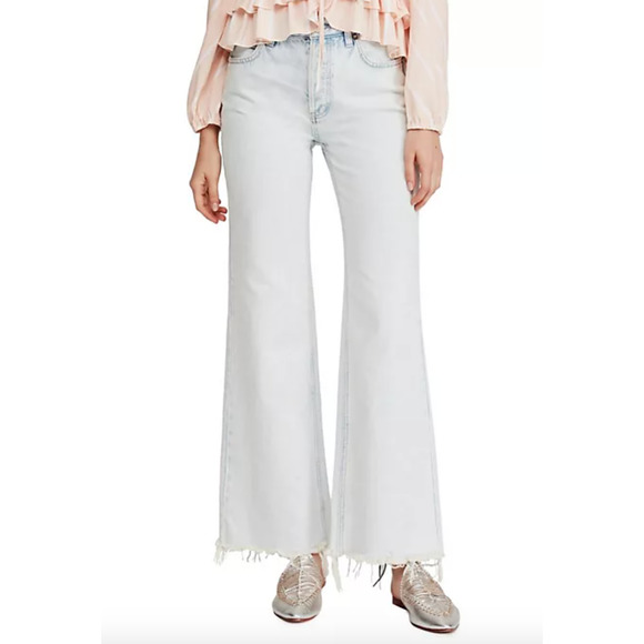 Free People Denim - FREE PEOPLE WE THE FREE Gold Coast Stone Wash Raw Hem Flare Jeans Sz 26